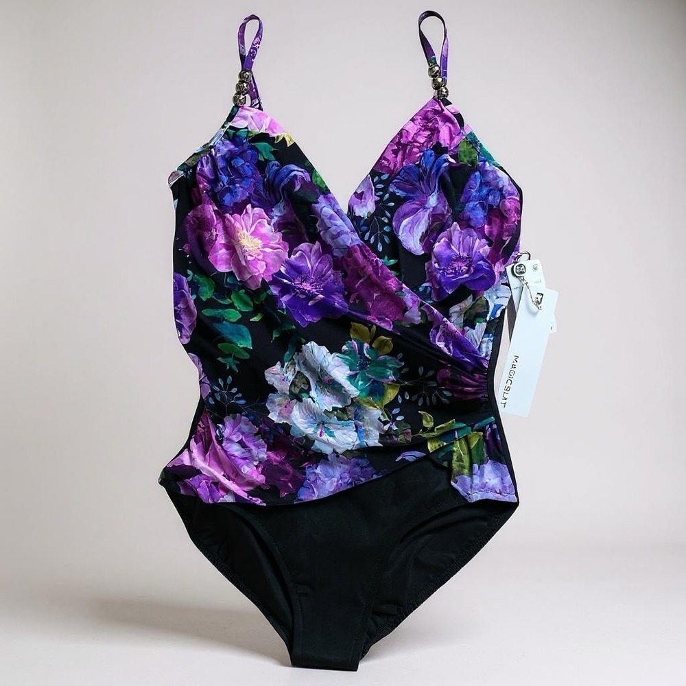 Magicsuit One Piece Swimsuit Size 10 Purple Floral Slimming Wrap Underwire $166